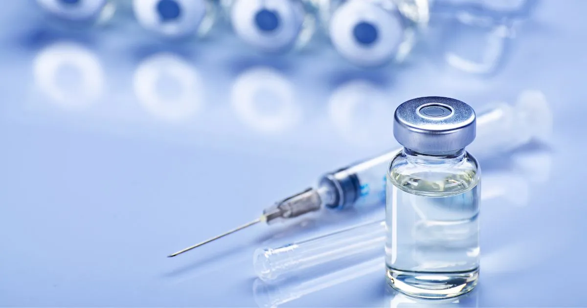 Close-up of IM Booster vial and syringe, healthcare supplies in Torrance, CA