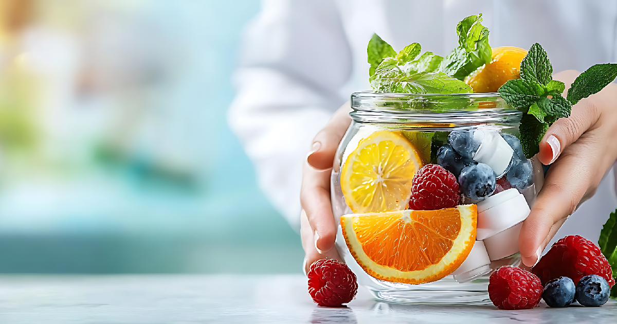 Fresh fruit infused detox water in a glass jar with orange, lemon, blueberries in Torrance, CA | Hydription