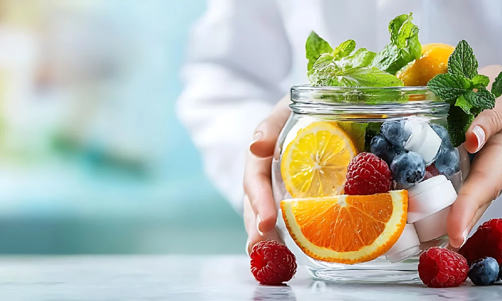 Fresh fruit infused detox water in a glass jar with orange, lemon, blueberries in Torrance, CA | Hydription